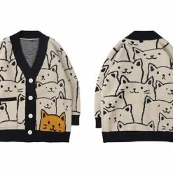 Streetgarm Cartoon Cat Print Knitted Cardigan NEW