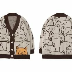 Streetgarm Cartoon Cat Print Knitted Cardigan NEW