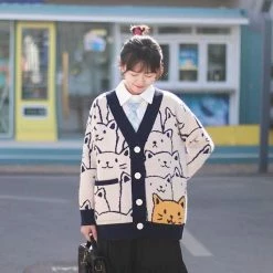 Streetgarm Cartoon Cat Print Knitted Cardigan NEW