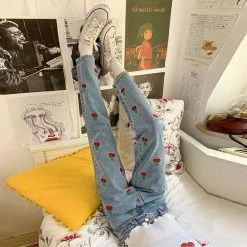Outlet ❤️ Streetgarm Cherry Embroidered High Waist 👖 Jeans NEW 😉 10 Streetgarm Cherry Embroidered High Waist Jeans NEW