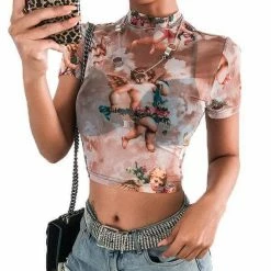 Streetgarm NEW Cherub Print Mesh Crop Top