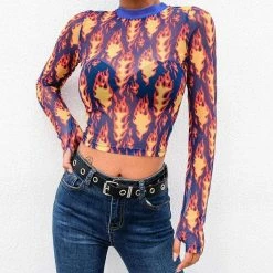 Streetgarm NEW Flame Print Mesh Crop Top