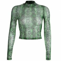 Streetgarm Green Snake High Neck Mesh Long Sleeve Crop Top NEW