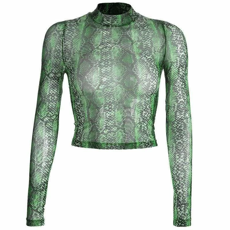 Buy โจ Streetgarm Green Snake High Neck Mesh Long Sleeve Crop Top NEW ๐ 3 Streetgarm Green Snake High Neck Mesh Long Sleeve Crop Top NEW