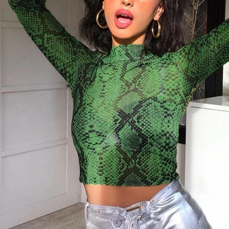Buy โจ Streetgarm Green Snake High Neck Mesh Long Sleeve Crop Top NEW ๐ 4 Streetgarm Green Snake High Neck Mesh Long Sleeve Crop Top NEW