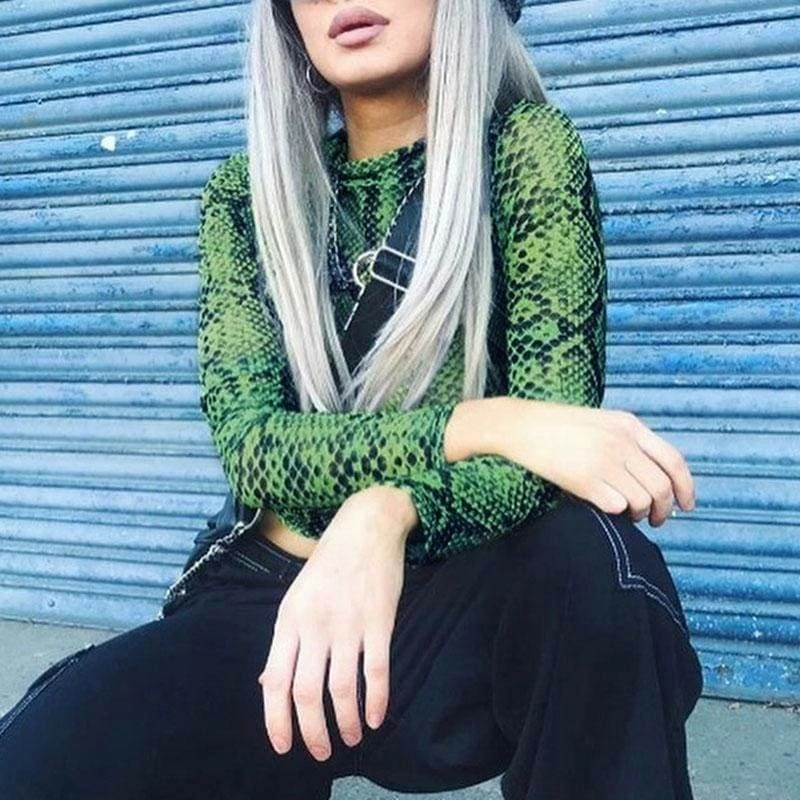 Buy โจ Streetgarm Green Snake High Neck Mesh Long Sleeve Crop Top NEW ๐ 7 Streetgarm Green Snake High Neck Mesh Long Sleeve Crop Top NEW