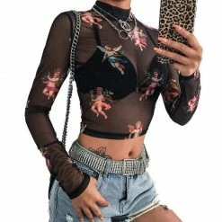 Streetgarm Renaissance Cherub High Neck Mesh Long Sleeve Crop Top NEW