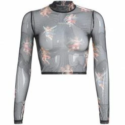 Streetgarm Renaissance Cherub High Neck Mesh Long Sleeve Crop Top NEW
