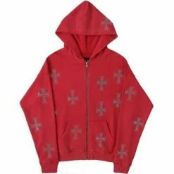 Streetgarm Unknown Cross Rhinestone Hoodie - Red NEW