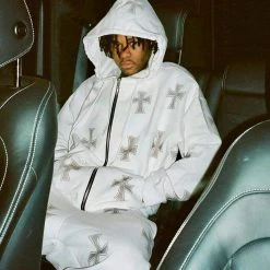 Streetgarm Unknown Cross Rhinestone Hoodie - White