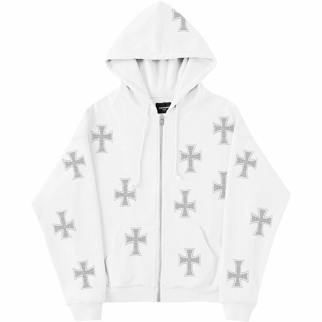 Flash Sale ✔️ Streetgarm Unknown Cross Rhinestone Hoodie - White 🤩 3 Streetgarm Unknown Cross Rhinestone Hoodie - White