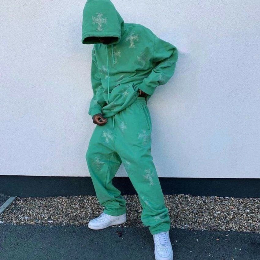 Cheap 😀 Streetgarm Unknown Cross Rhinestone Joggers - Green 🥰 5 Streetgarm Unknown Cross Rhinestone Joggers - Green