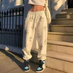 Streetgarm NEW Unknown Cross Rhinestone Joggers - White